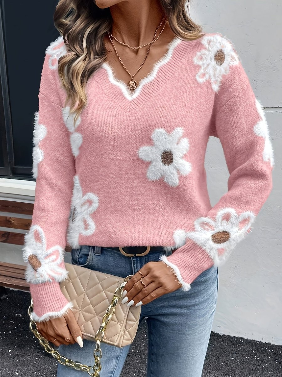 Women's V-Neck Floral Daisy Knit Sweater Fluffy Long Sleeve Jumper
