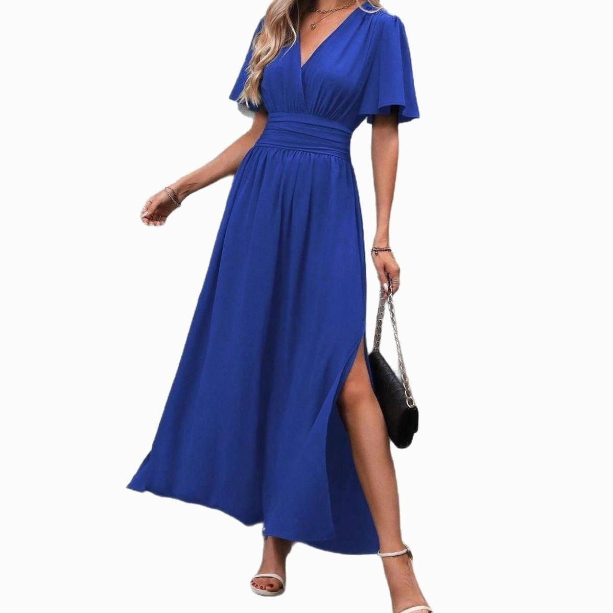 Women's V-Neck Flutter-Sleeve High-Waist Maxi Dress Side Slit