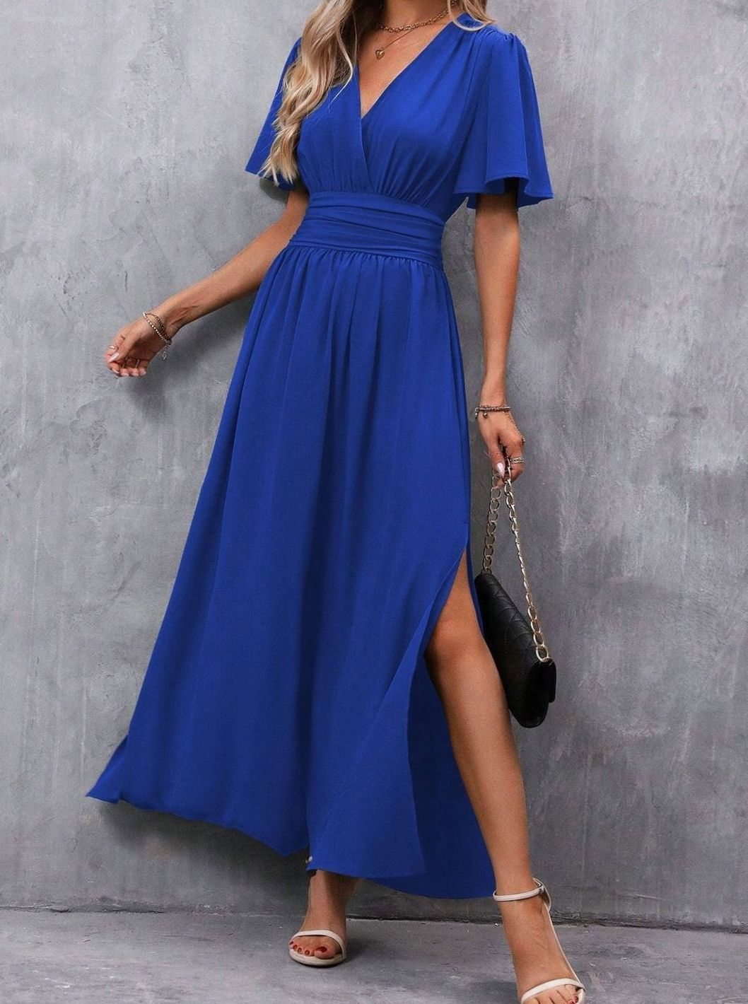 Women's V-Neck Flutter-Sleeve High-Waist Maxi Dress Side Slit - Blue