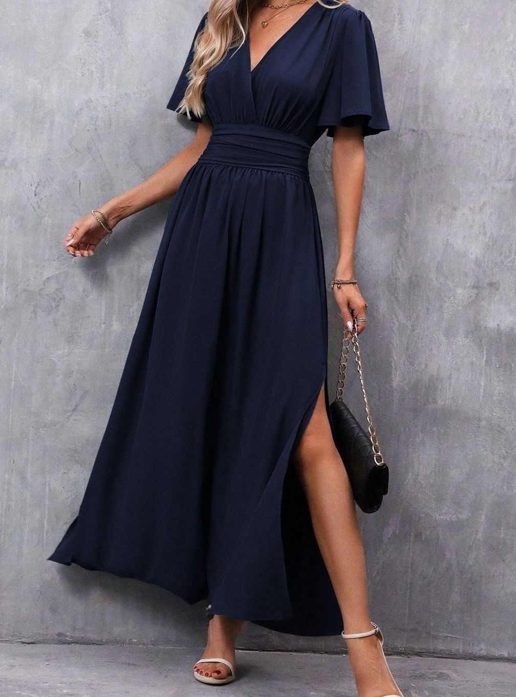 Women's V-Neck Flutter-Sleeve High-Waist Maxi Dress Side Slit - Navy Blue