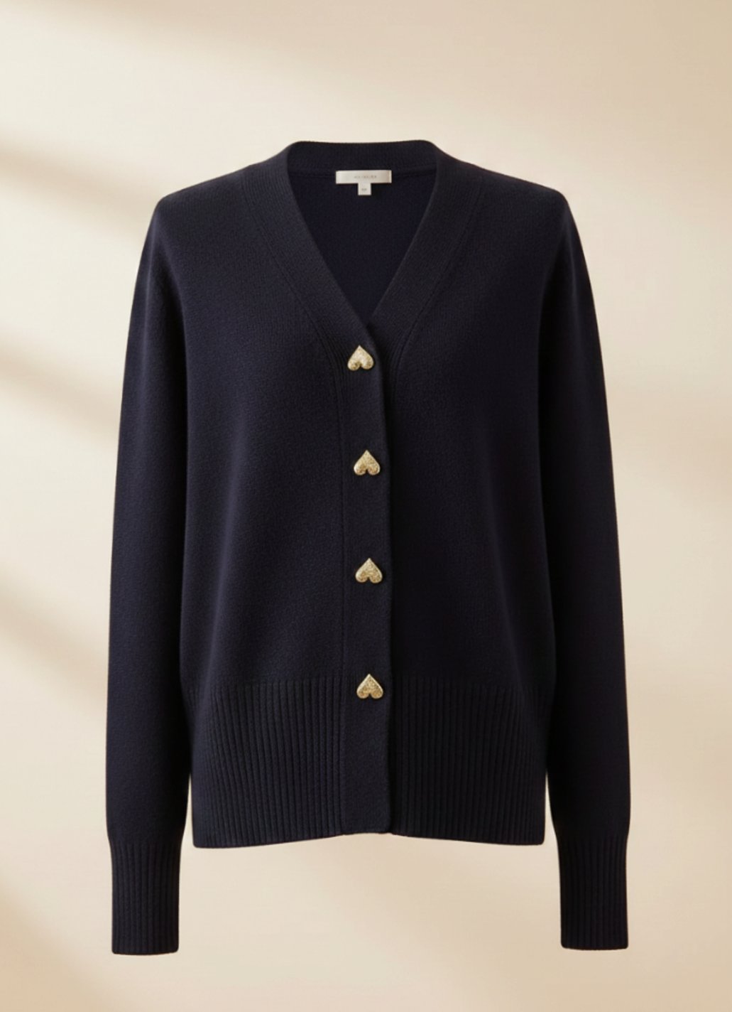 Women's V-Neck Gold Heart-Button Wool Cardigan