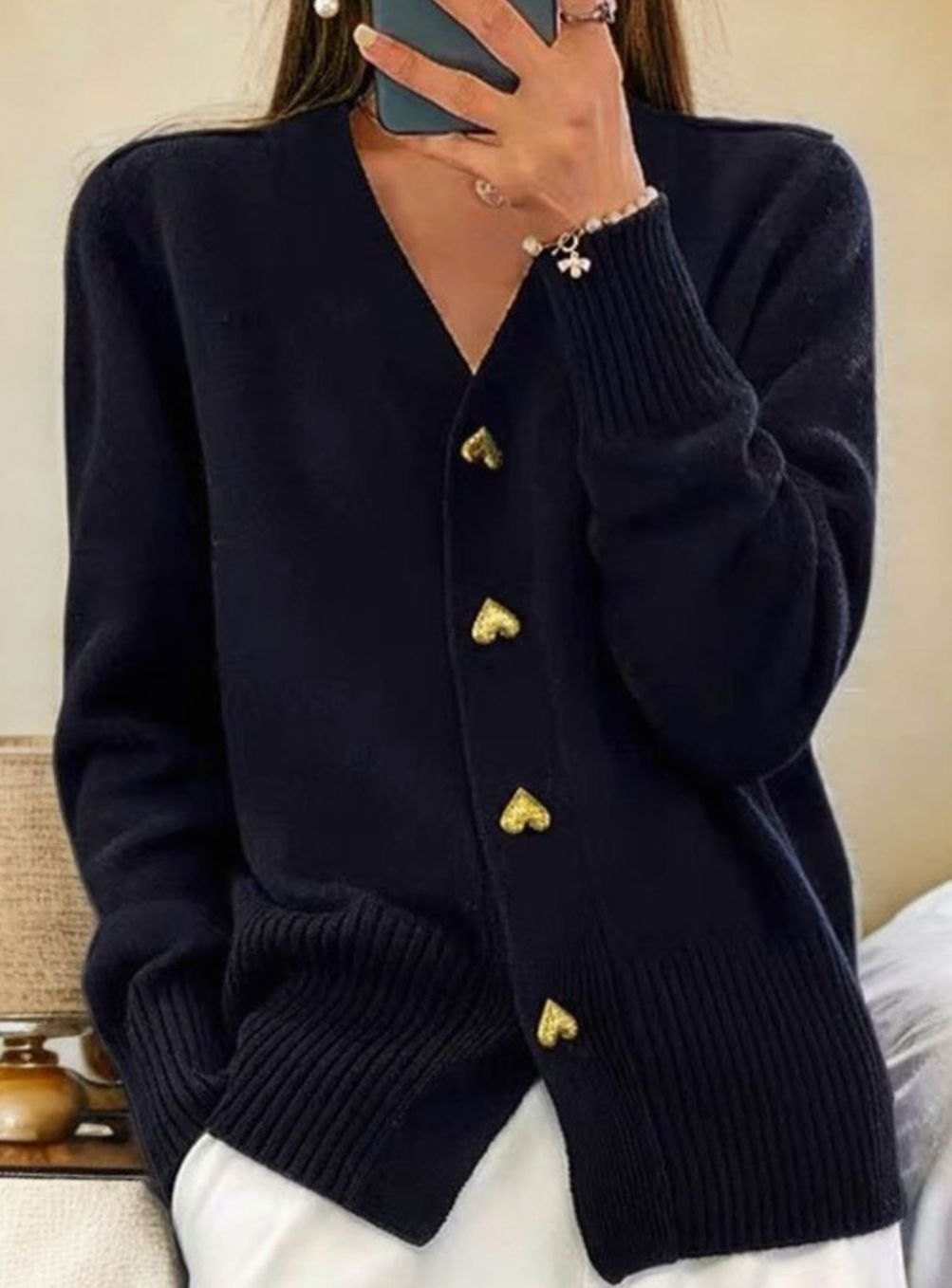 Women's V-Neck Gold Heart-Button Wool Cardigan - Black