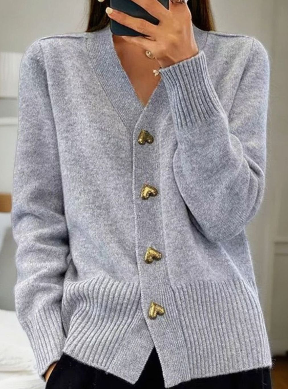 Women's V-Neck Gold Heart-Button Wool Cardigan - Grey