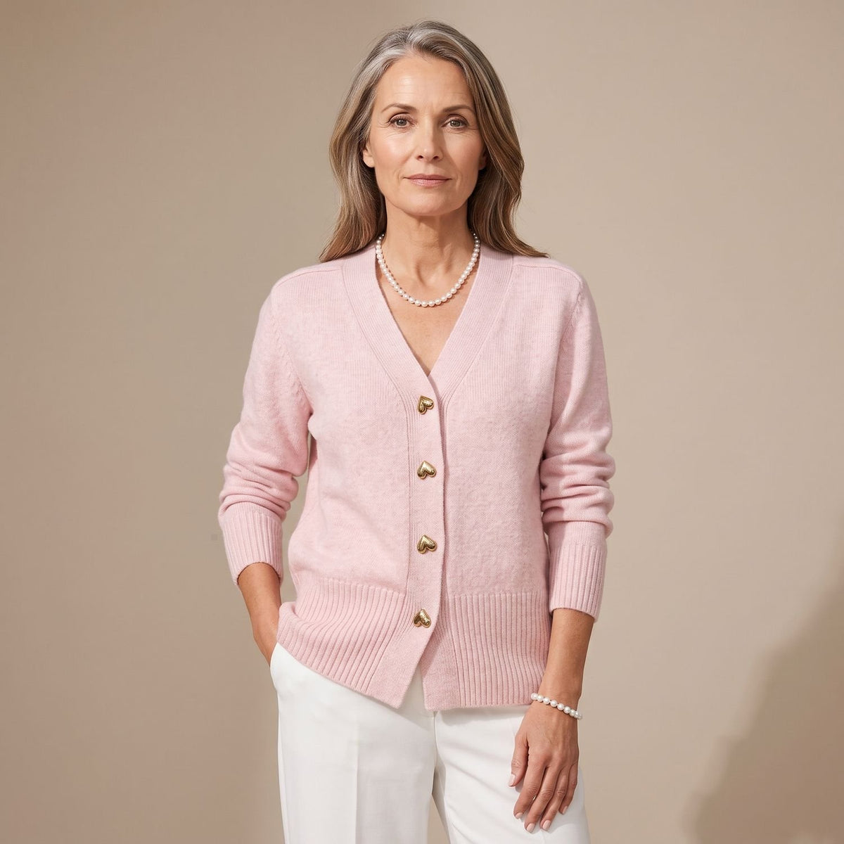 Women's V-Neck Heart-Button Knit Cardigan - Pink