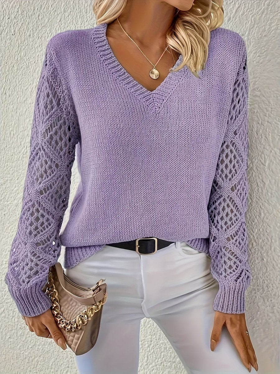 Women's V-Neck Hollow Sleeve Knit Sweater Jumper - Purple