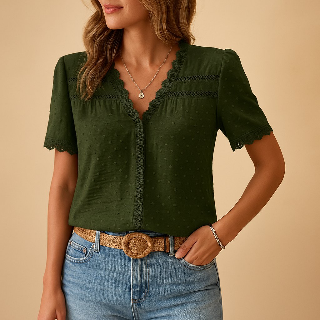 Women's V-Neck Lace-Trim Swiss-Dot Short-Sleeve Blouse - Army Green