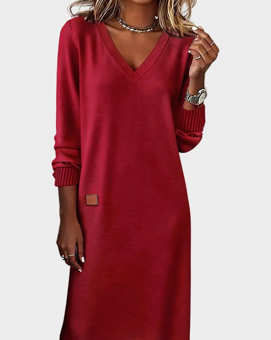 Women's V-Neck Long Sleeve Knit-Cuff Midi Swing Dress - Red