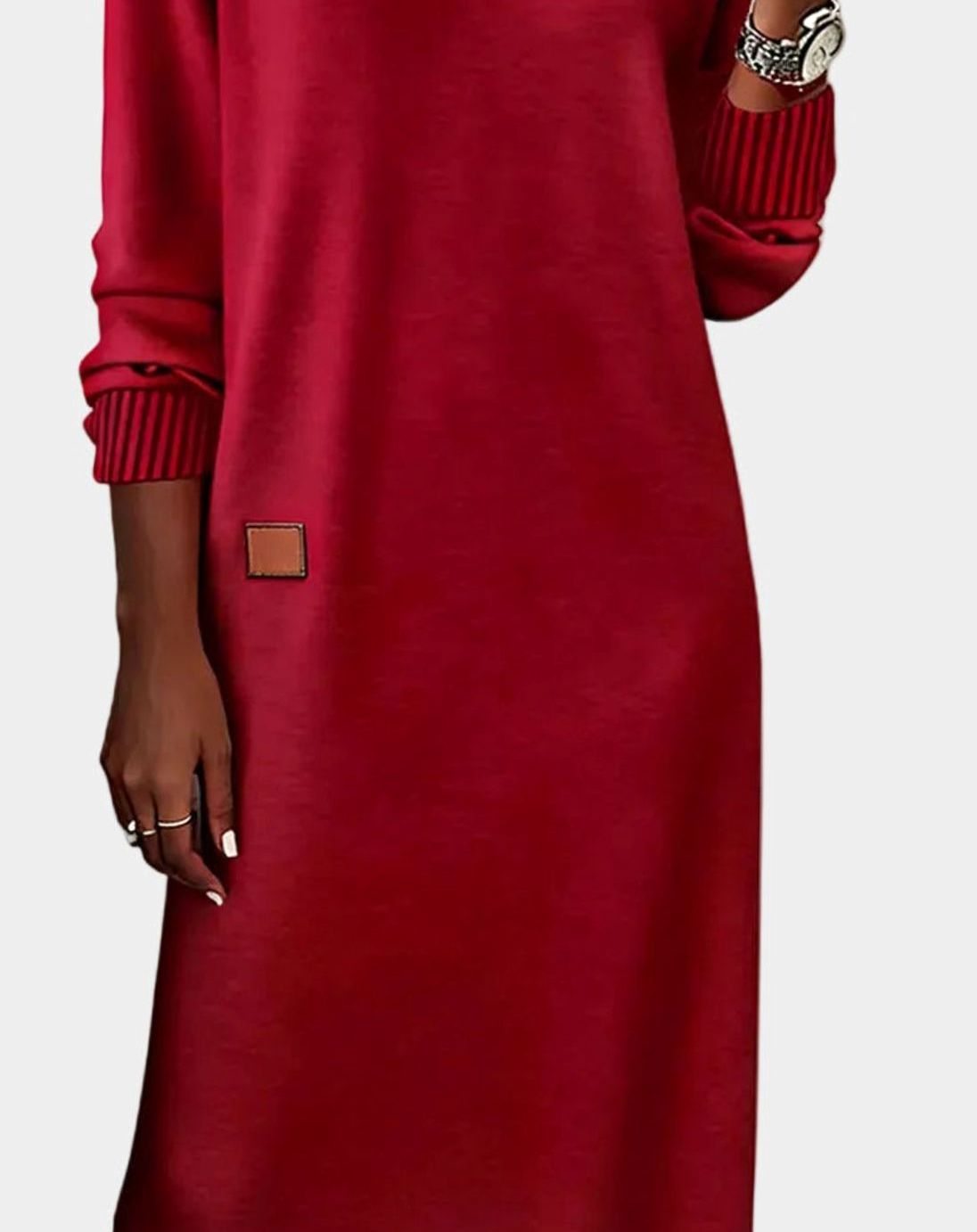 Women's V-Neck Long Sleeve Knit-Cuff Midi Swing Dress