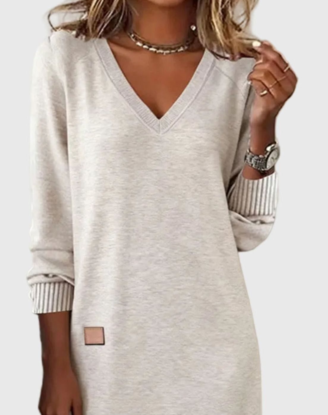 Women's V-Neck Long Sleeve Knit-Cuff Midi Swing Dress