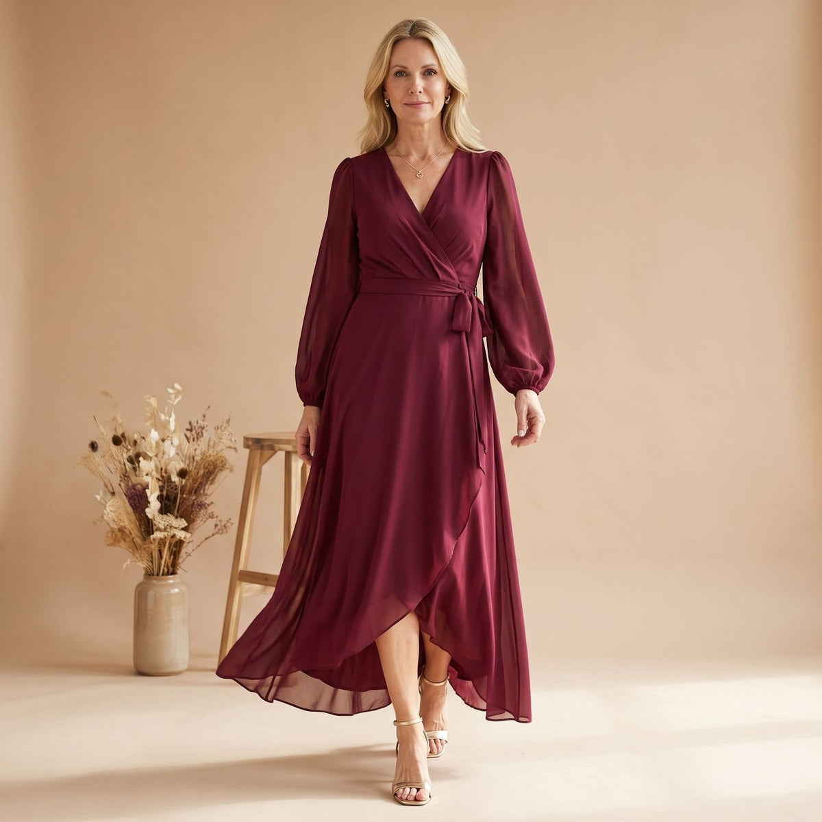 Women's V-Neck Long-Sleeve Wrap Chiffon Maxi Dress - Red