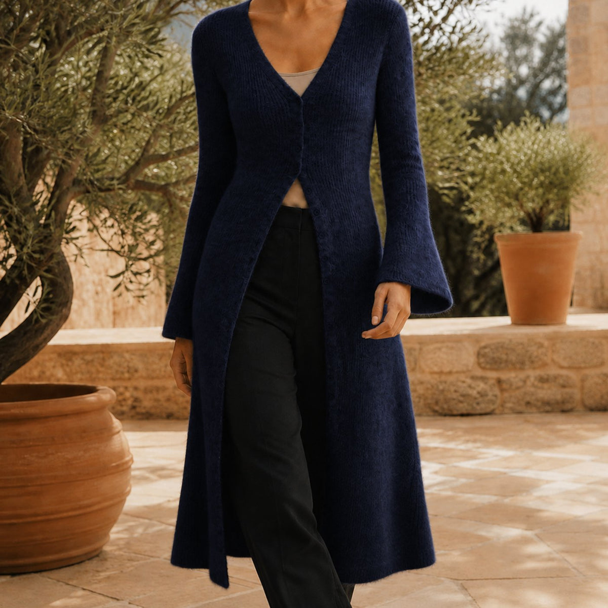 Women's V-Neck Longline Button-Front Wool Blend Cardigan - Blue