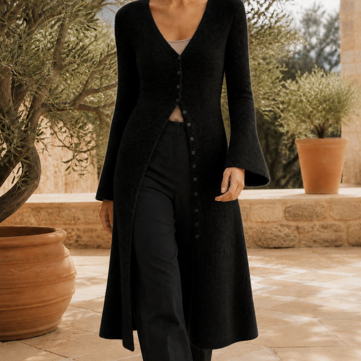 Women's V-Neck Longline Button-Front Wool Blend Cardigan - Black