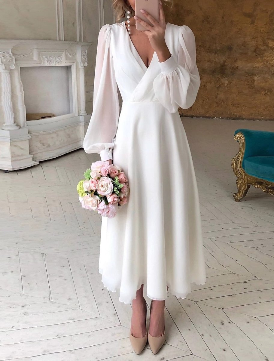Women's V-Neck Puff Long Sleeve Dress Midi Wedding Wrap - White
