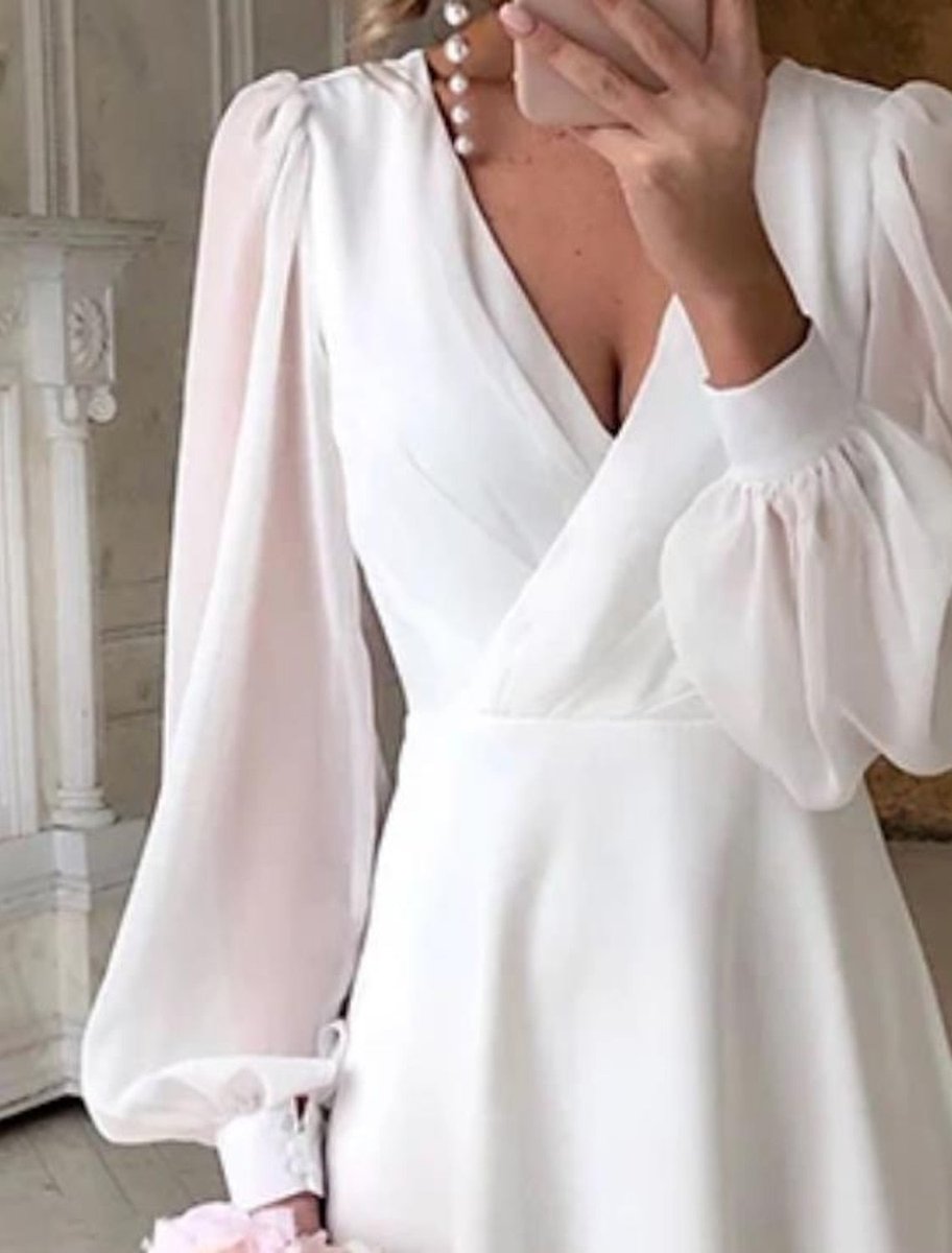 Women's V-Neck Puff Long Sleeve Dress Midi Wedding Wrap