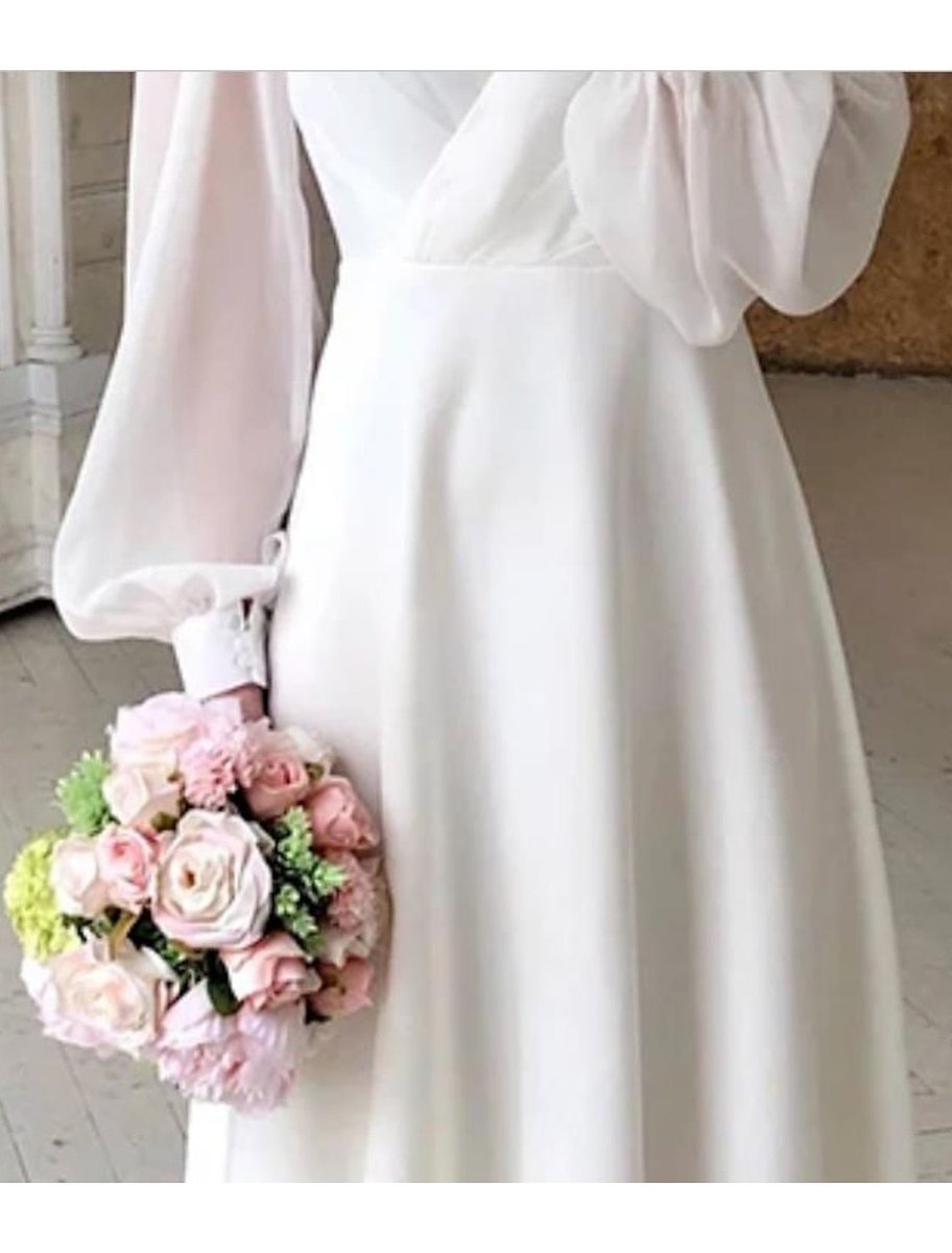 Women's V-Neck Puff Long Sleeve Dress Midi Wedding Wrap