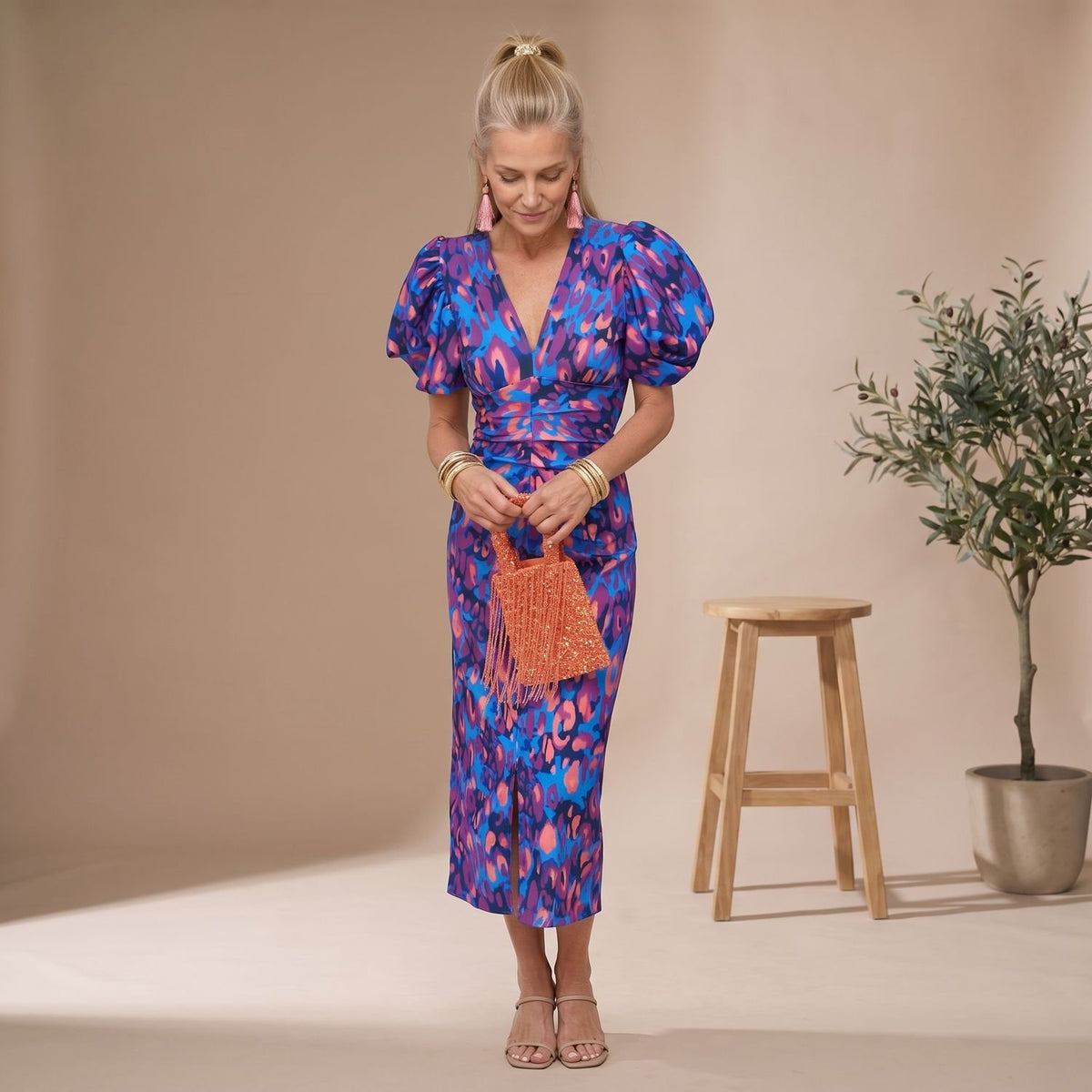 Women's V-Neck Puff-Sleeve Abstract-Print Midi Cocktail Party Dress - Purple/Blue