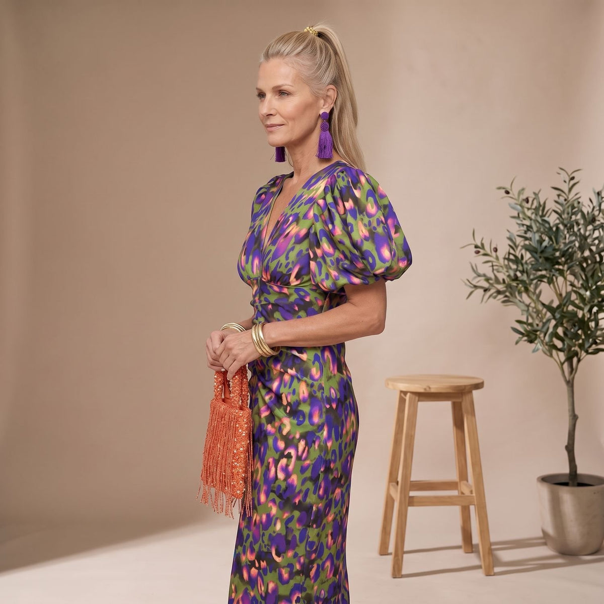 Women's V-Neck Puff-Sleeve Abstract-Print Midi Cocktail Party Dress - Purple/Green