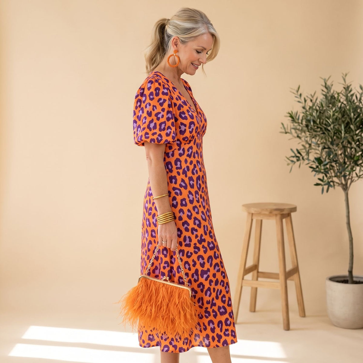 Women's V-Neck Puff-Sleeve Abstract-Print Midi Cocktail Party Dress - Red/Orange