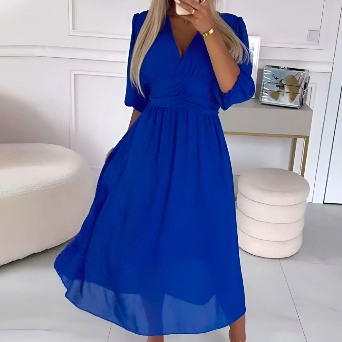 Women's V-Neck Ruched Waist Chiffon Midi Party Dress