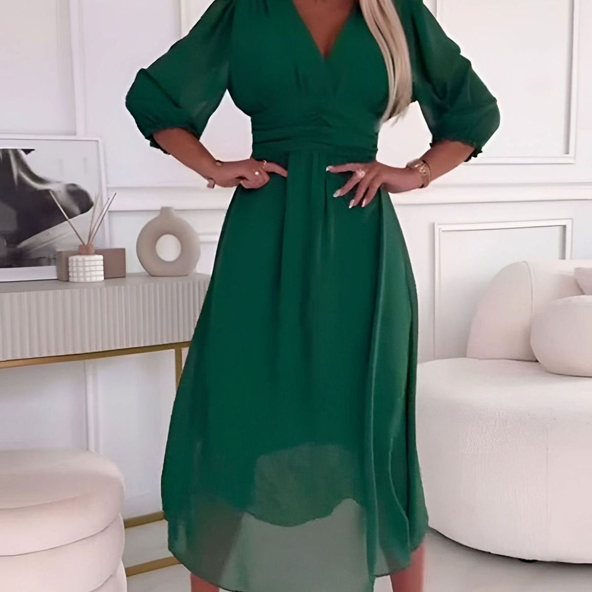 Women's V-Neck Ruched Waist Chiffon Midi Party Dress - Green