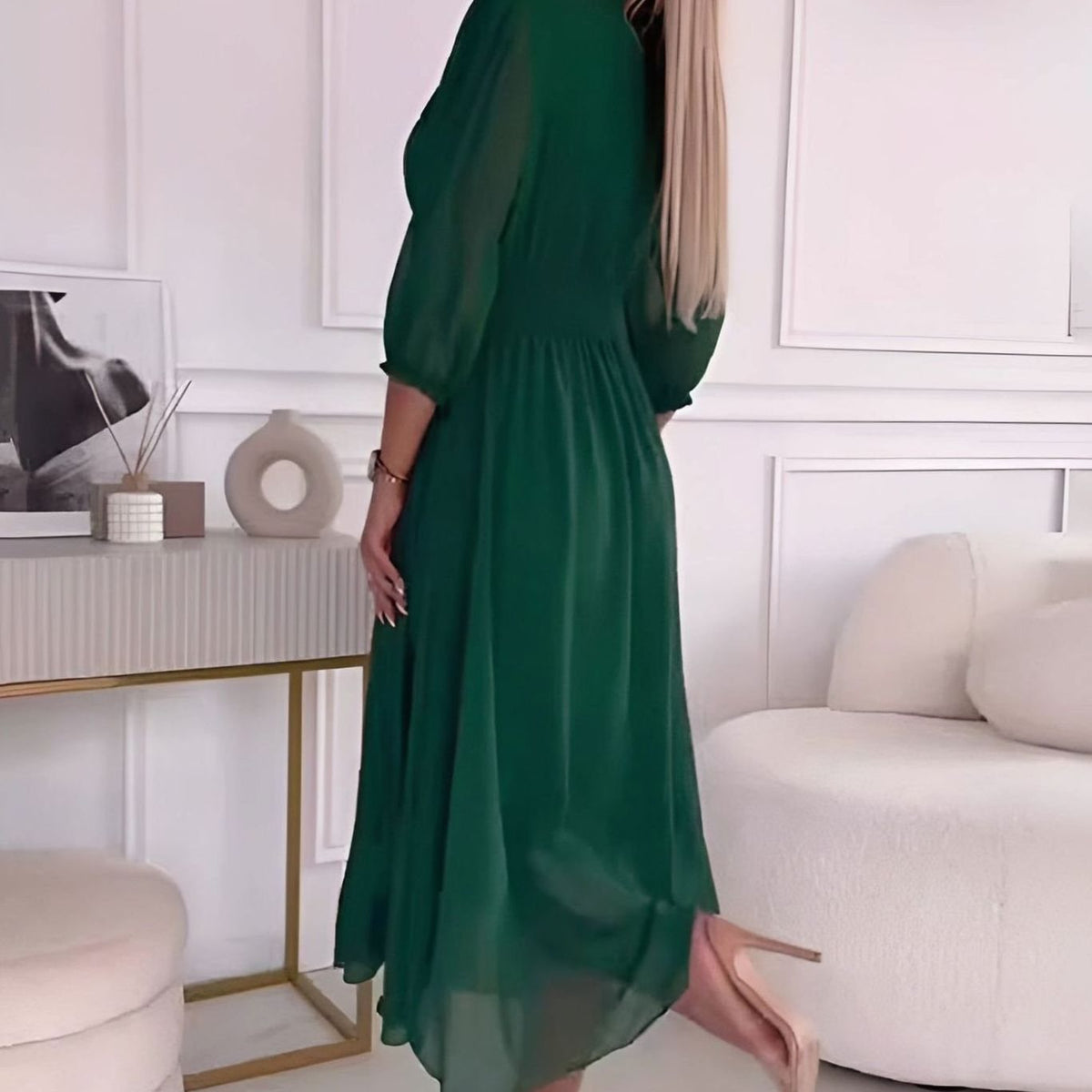 Women's V-Neck Ruched Waist Chiffon Midi Party Dress
