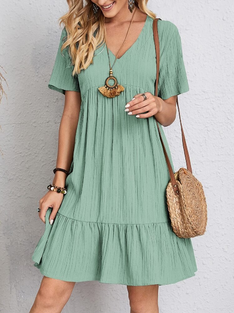 Women's V-Neck Short-Sleeve Ruffle-Hem Babydoll Mini Dress - Light Green