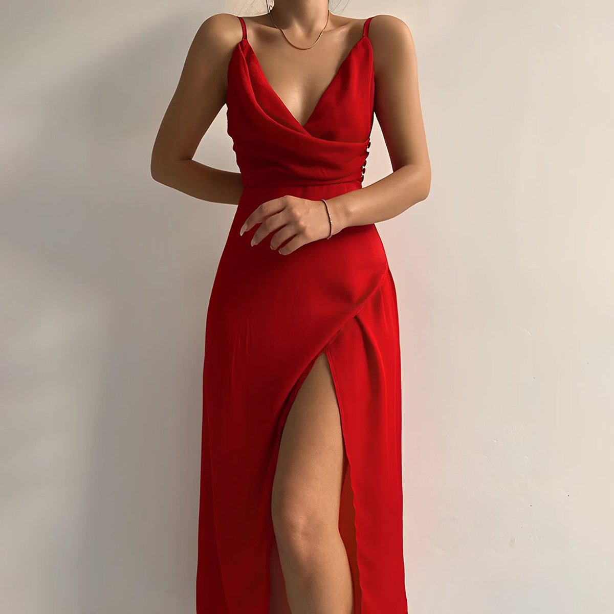 Women's V-Neck Spaghetti Strap Maxi Cocktail Party Dress High Slit - Red