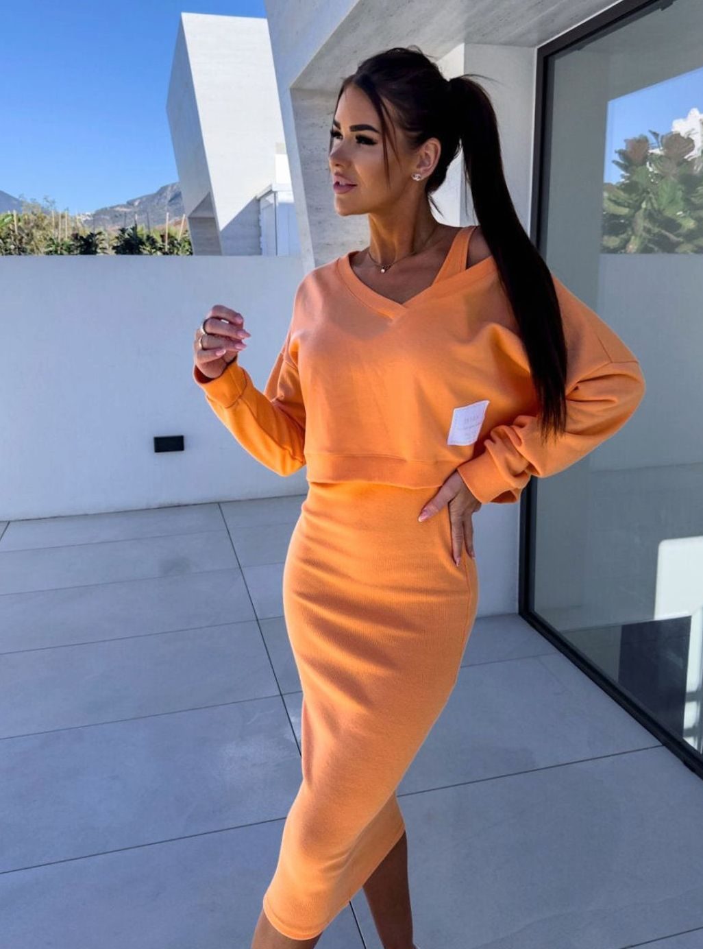 Women's V-Neck Sweatshirt Midi Skirt Two-Piece Co-ord Set - Orange