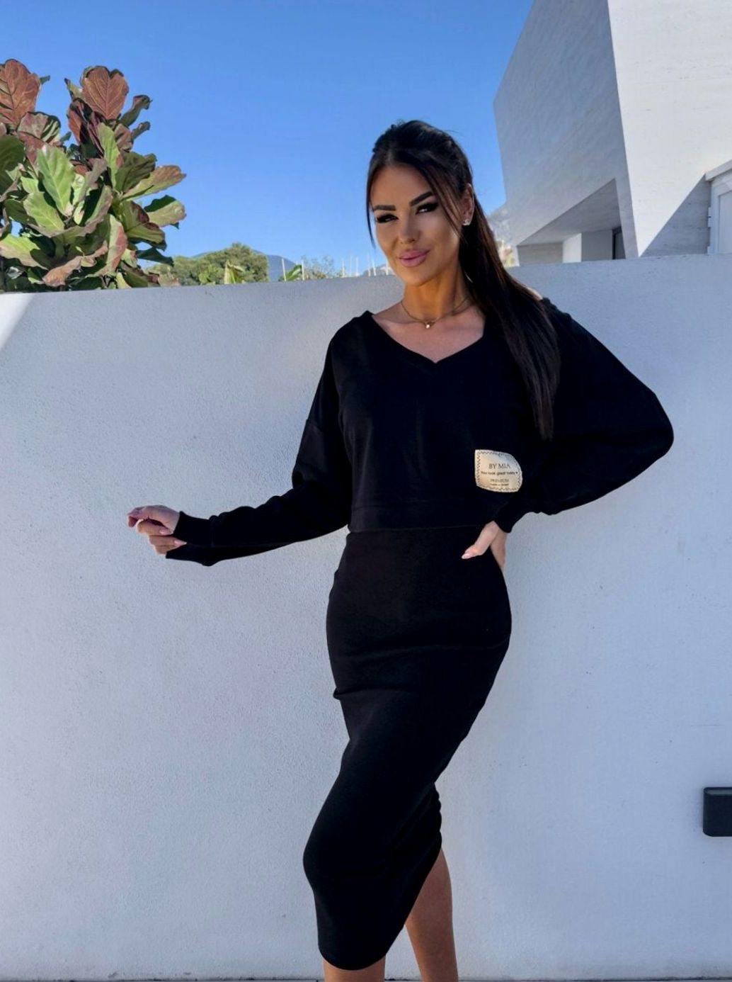 Women's V-Neck Sweatshirt Midi Skirt Two-Piece Co-ord Set - Black