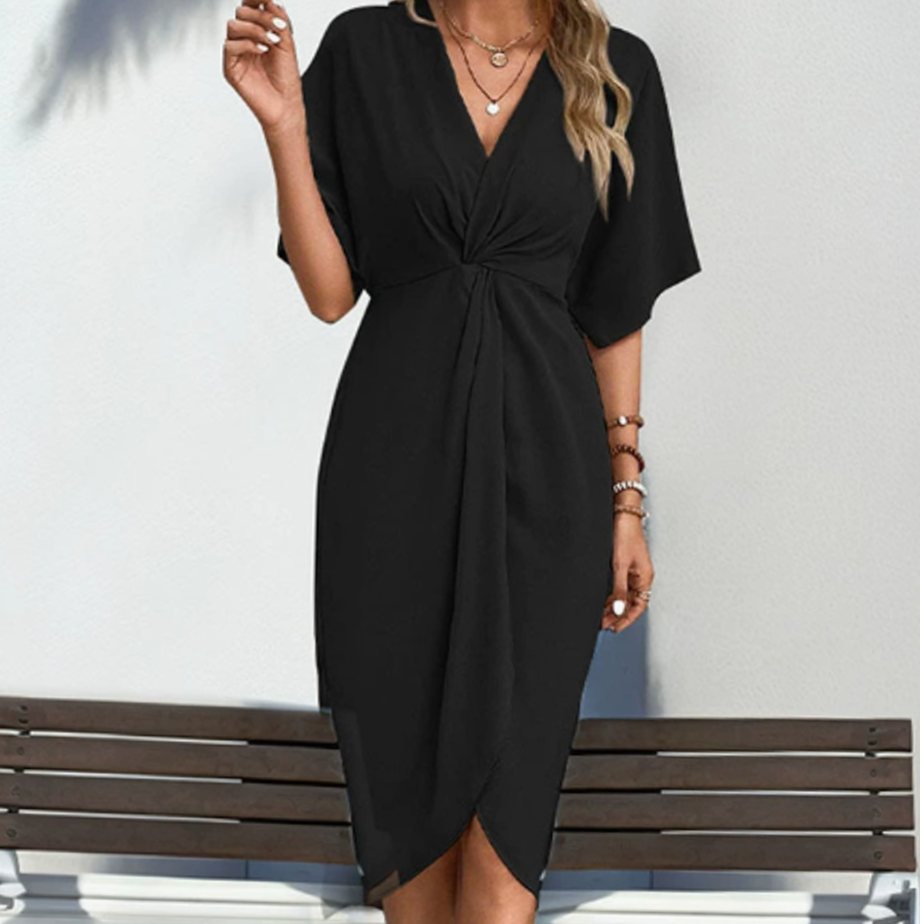Women's V-Neck Twist-Front Midi Wrap Dress - Black