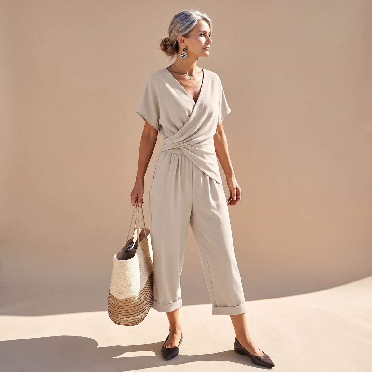 Women's V-Neck Twist-Front Short Sleeve Cropped Jumpsuit - Apricot