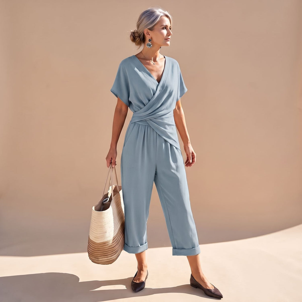 Women's V-Neck Twist-Front Short Sleeve Cropped Jumpsuit - Blue