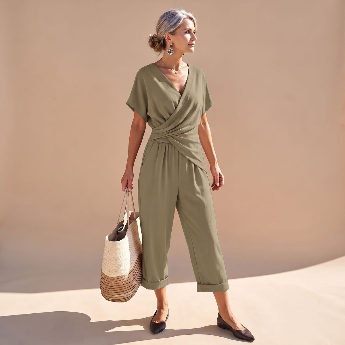 Women's V-Neck Twist-Front Short Sleeve Cropped Jumpsuit - Khaki
