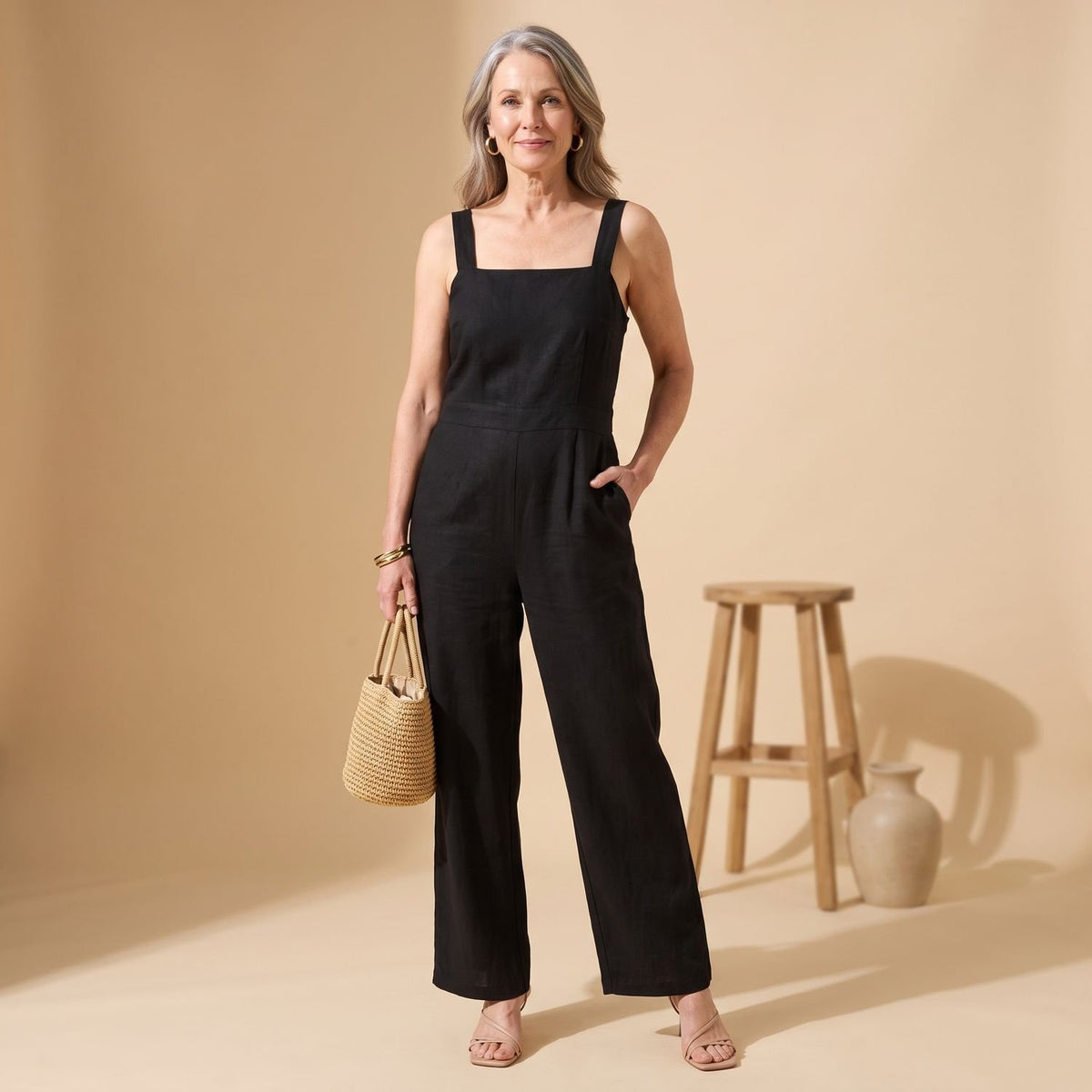 Women's V-Neck Wide-Leg Belted Linen Jumpsuit - Black