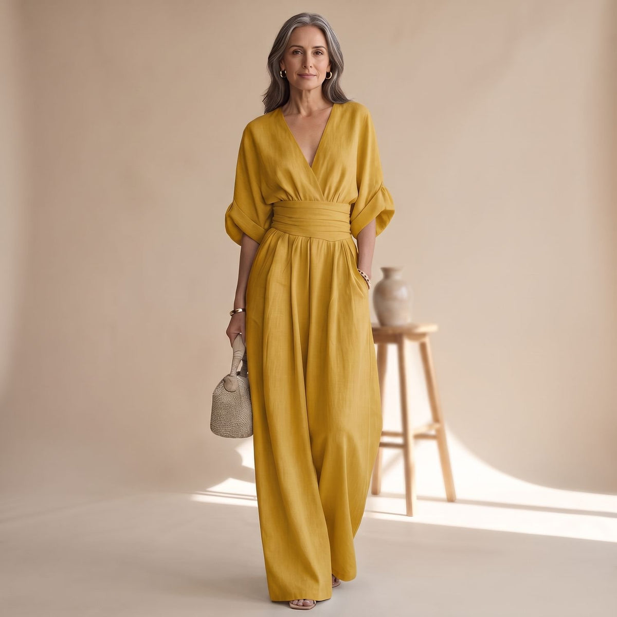 Women's V-Neck Wide-Leg Belted Linen Jumpsuit - Yellow