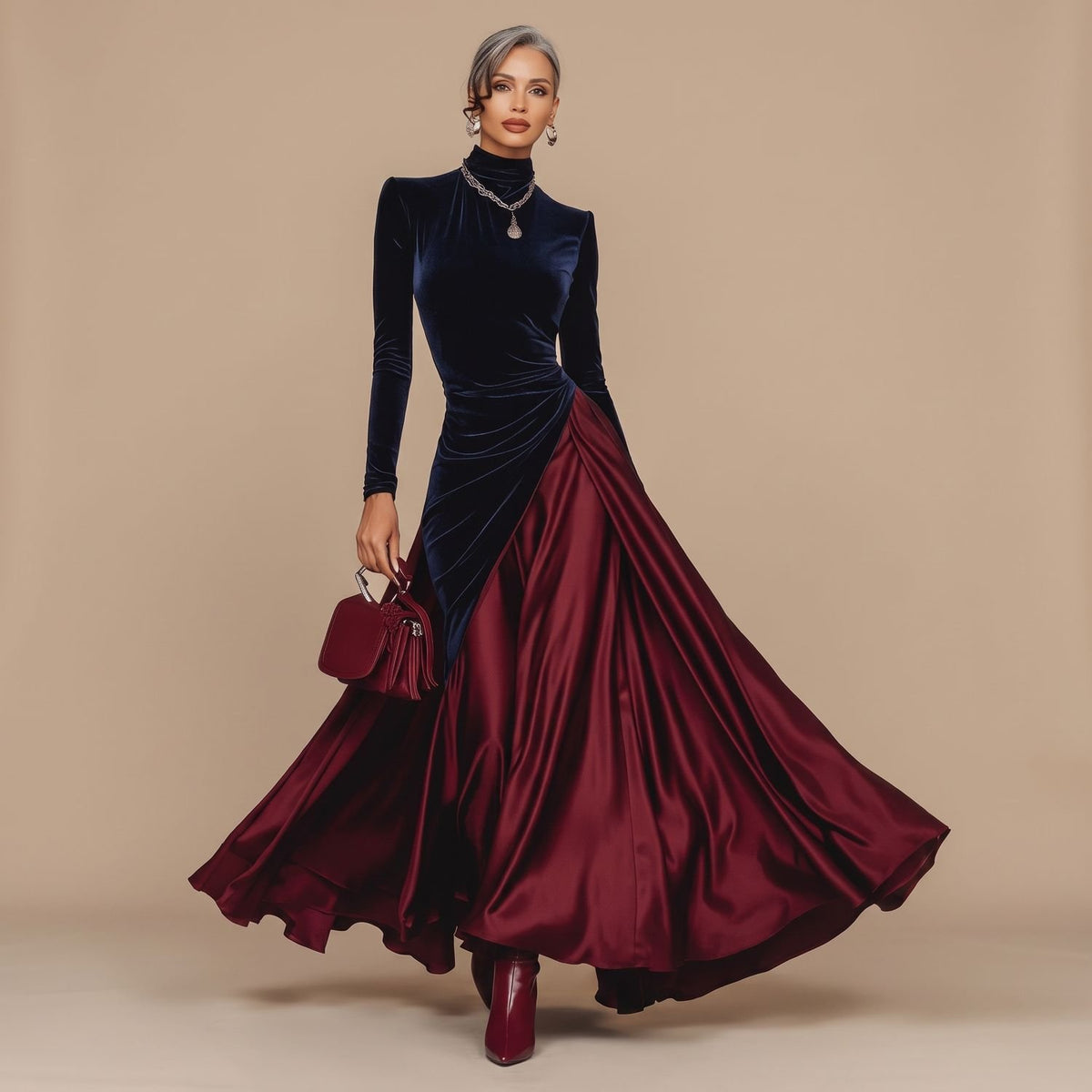 Women's Velvet Colour-Block Maxi Dress Mock Neck Long Sleeve