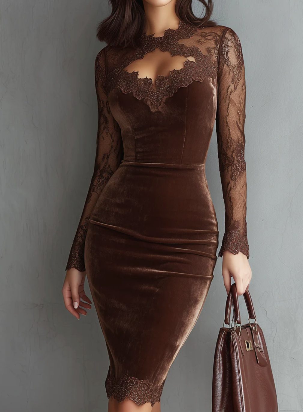 Women's Velvet Dress Lace Sleeve Keyhole Midi Bodycon - Brown