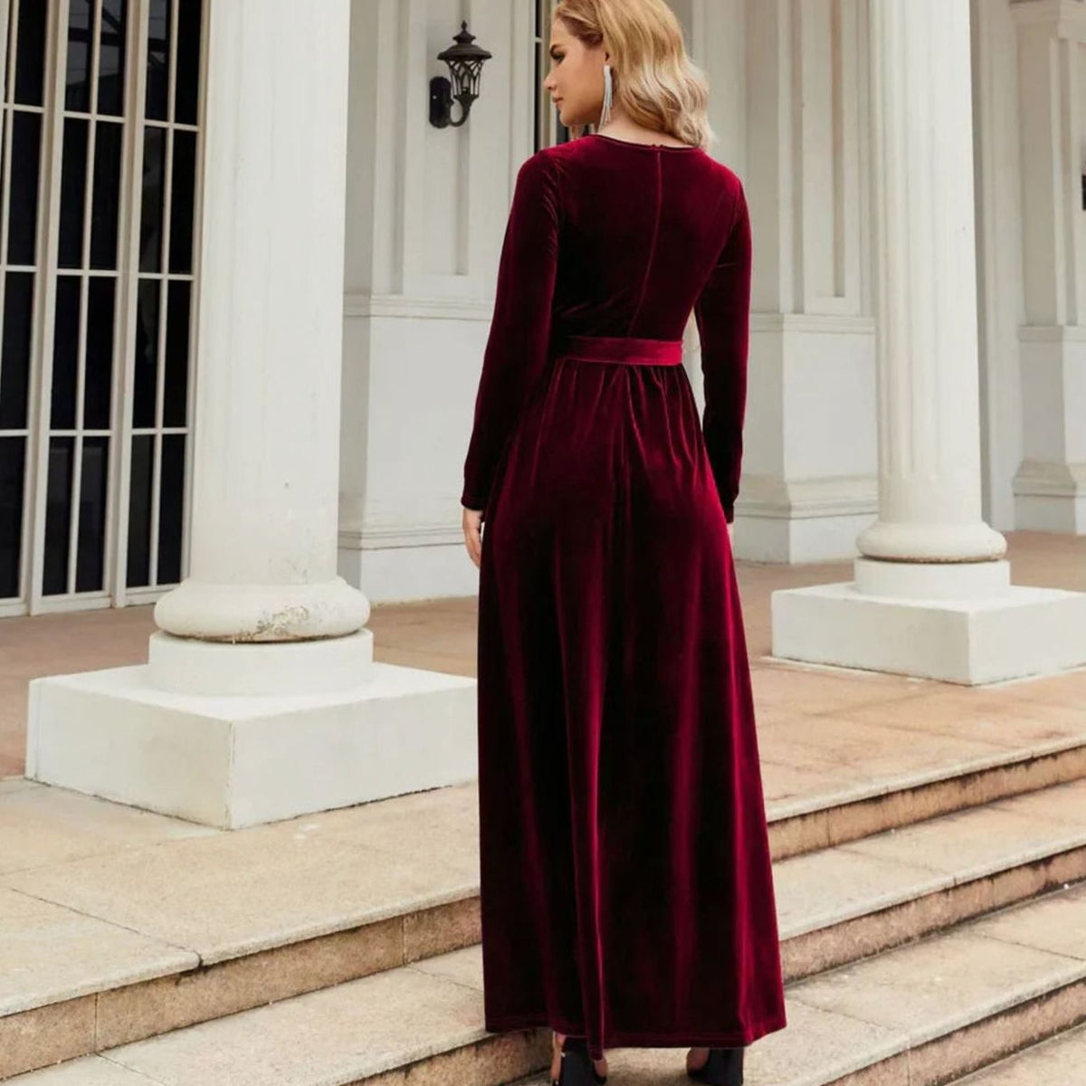 Women's Velvet Dress Long-Sleeve A-Line Belted Maxi Gown