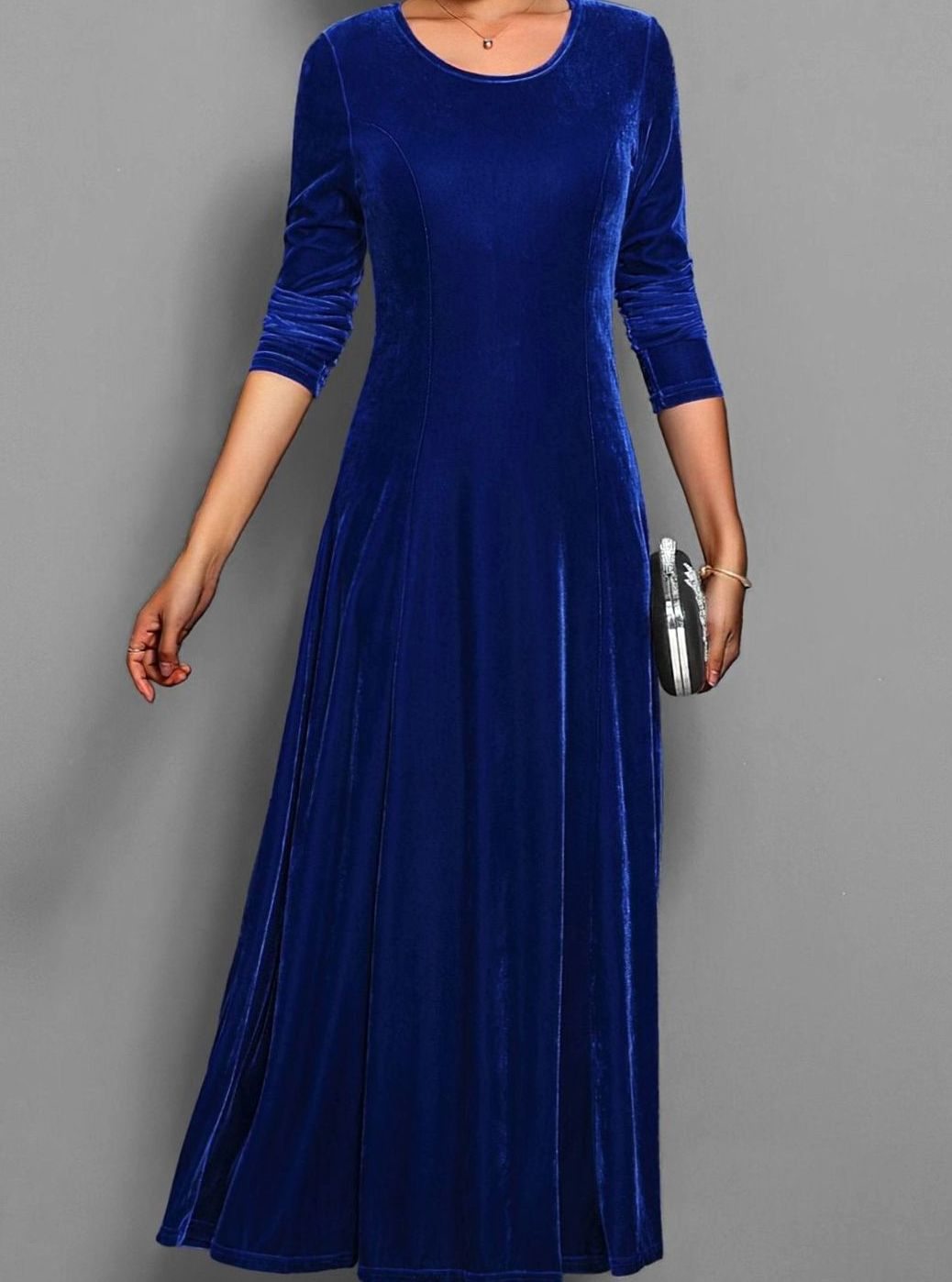 Women's Velvet Dress Long-Sleeve A-Line Maxi - Blue