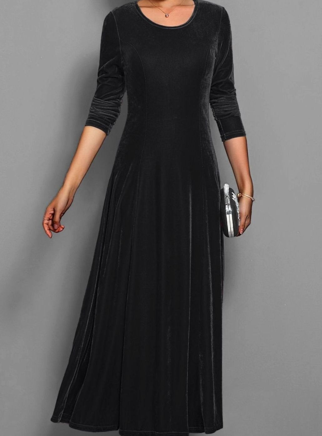 Women's Velvet Dress Long-Sleeve A-Line Maxi - Black