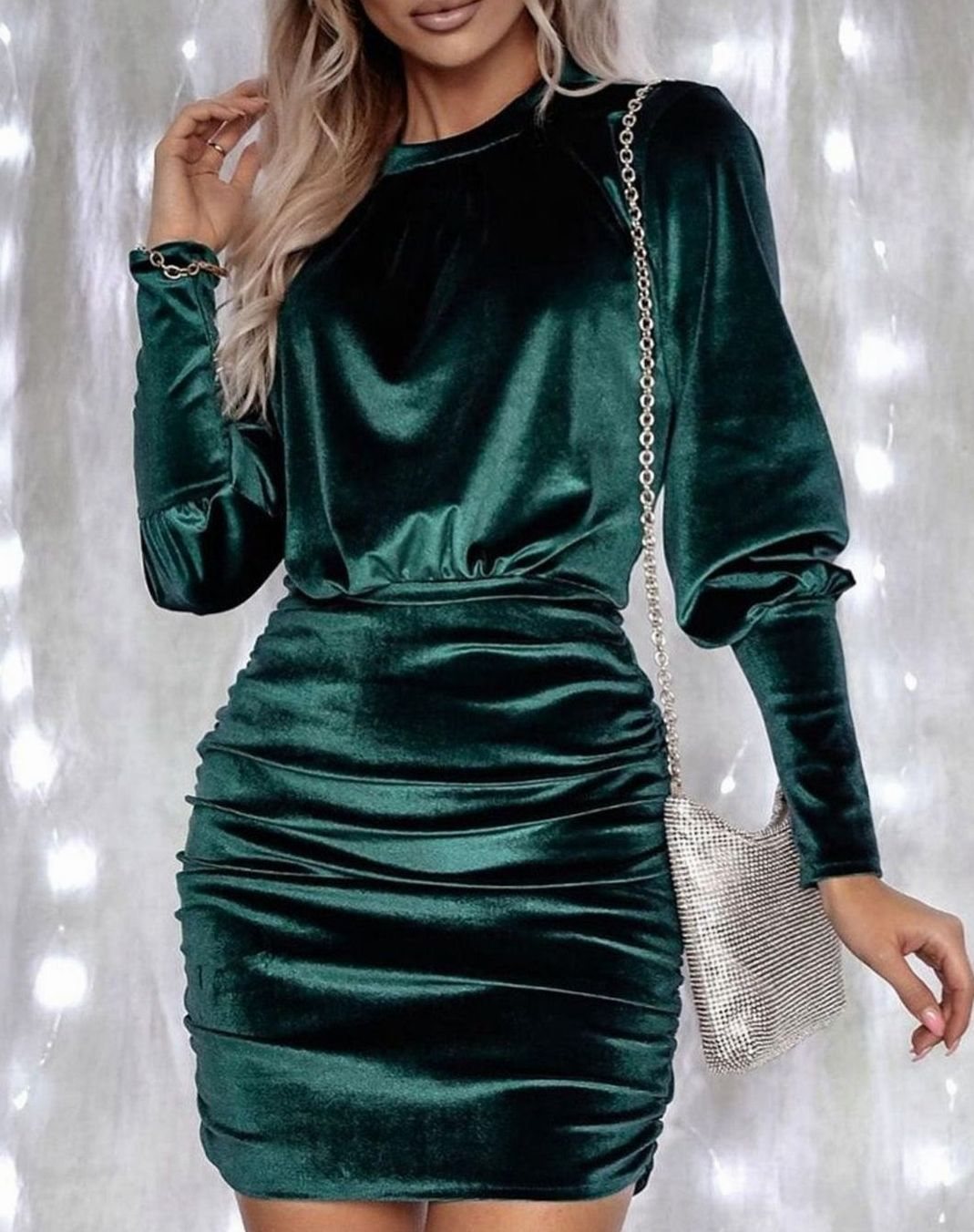 Women's Velvet Dress Long-Sleeve Ruched Bodycon Mini Dress - Green
