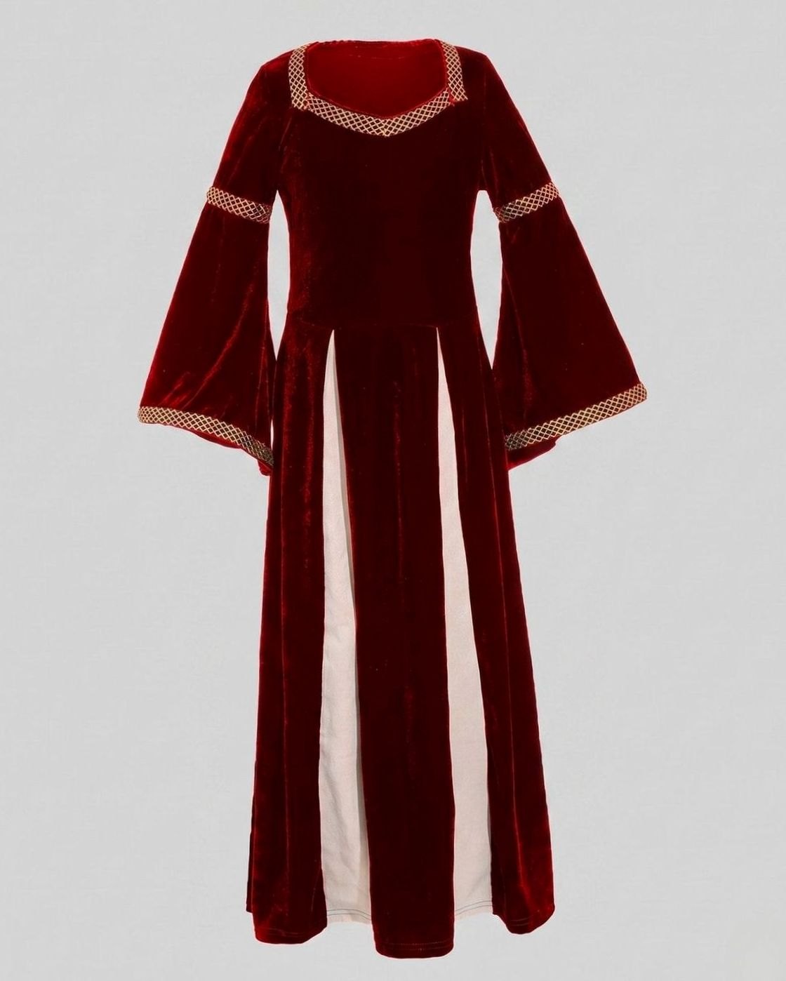 Women's Velvet Dress Medieval Square-Neck Bell-Sleeve Maxi Gown - Wine Red