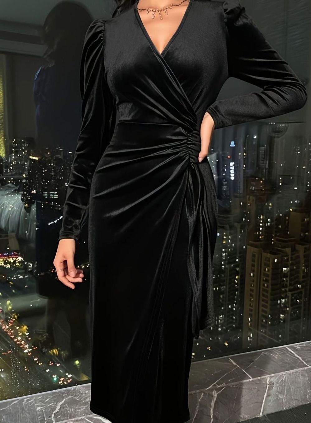 Women's Velvet Dress Ruched Waist Puff-Sleeve Wrap Midi