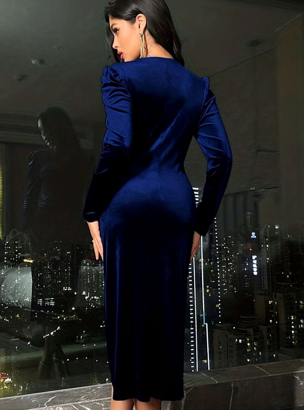 Women's Velvet Dress Ruched Waist Puff-Sleeve Wrap Midi