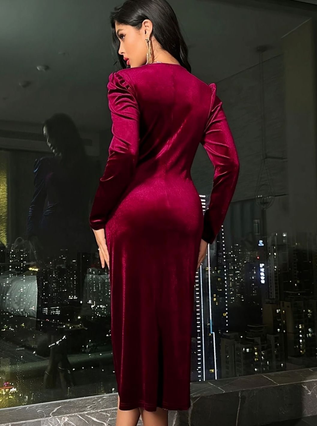 Women's Velvet Dress Ruched Waist Puff-Sleeve Wrap Midi