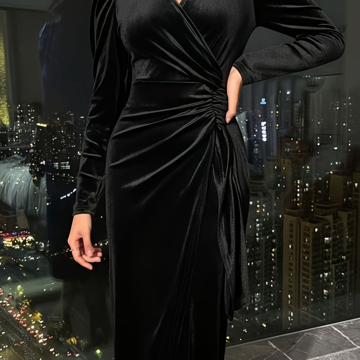 Women's Velvet Dress Ruched Waist Puff-Sleeve Wrap Midi - Black