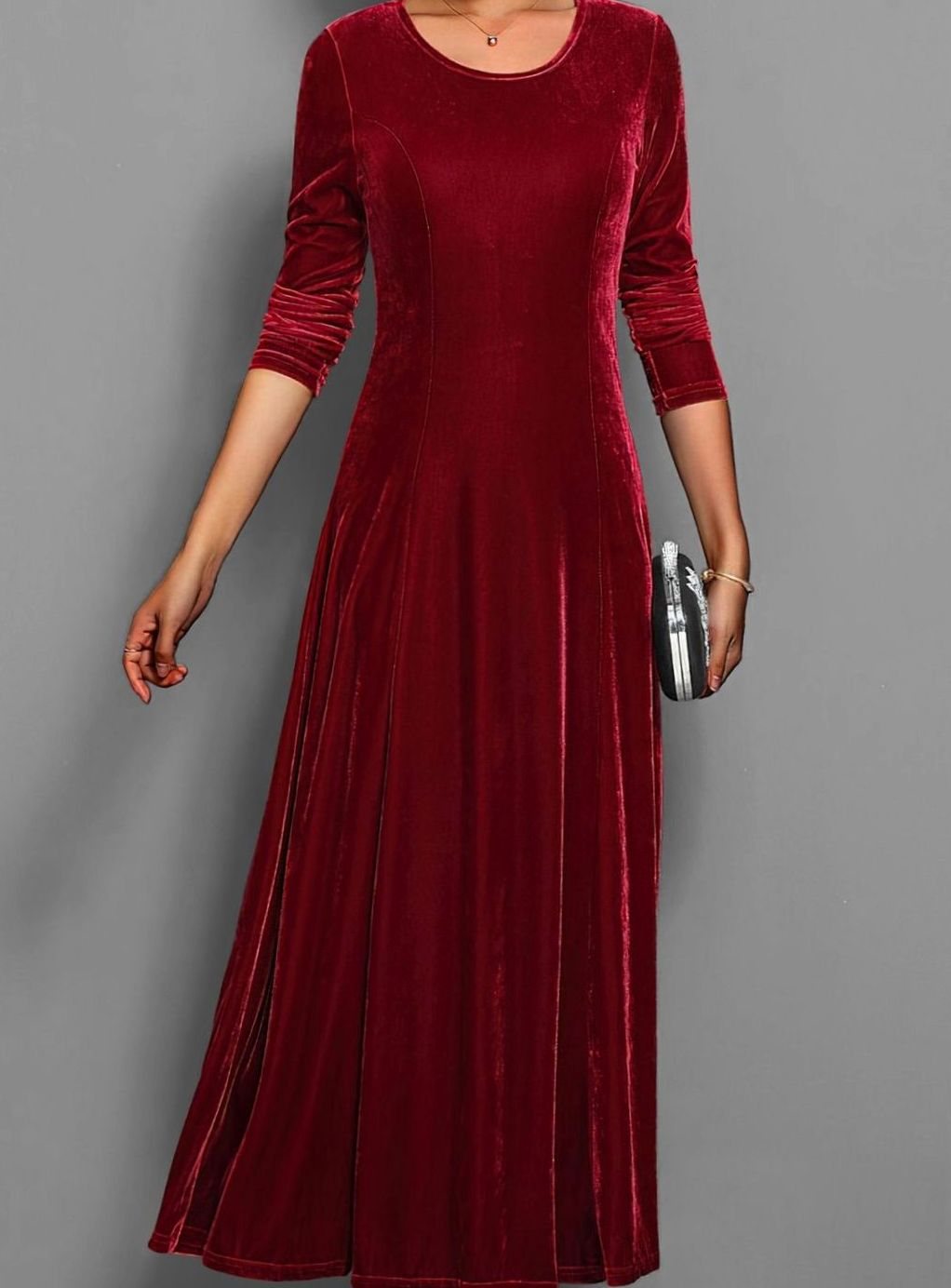 Women's Velvet Long Sleeve Formal Maxi Party Dress - Red
