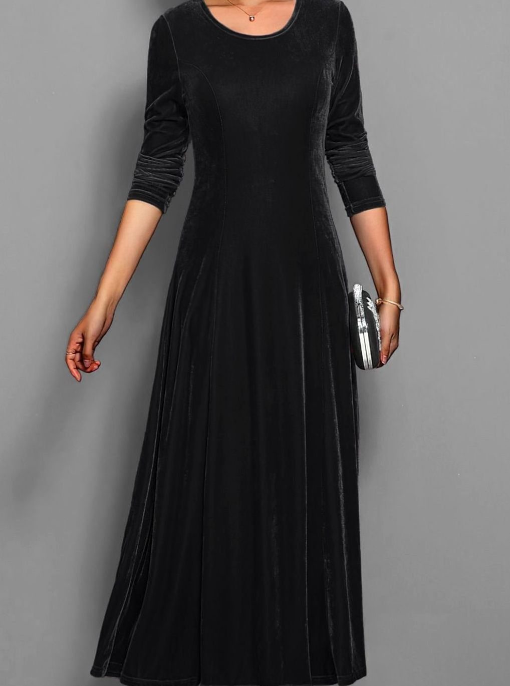 Women's Velvet Long Sleeve Formal Maxi Party Dress - Black