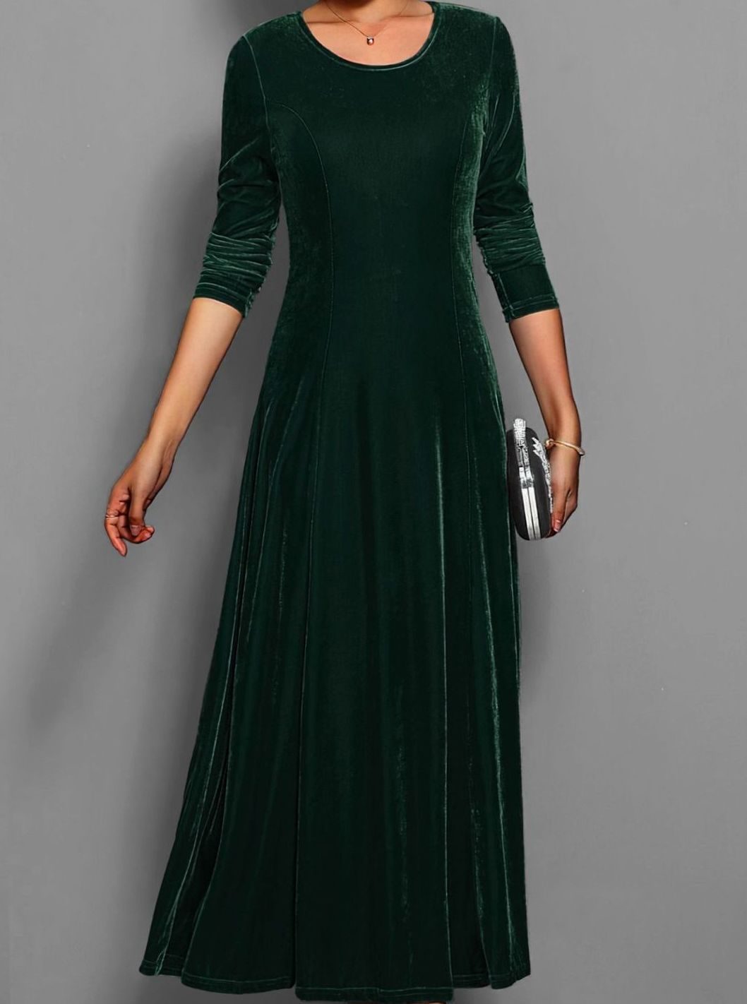 Women's Velvet Long Sleeve Formal Maxi Party Dress - Dark Green