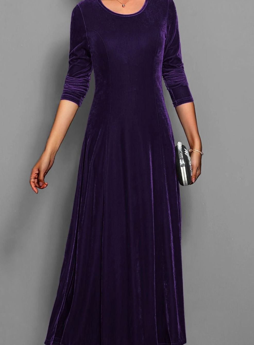 Women's Velvet Long Sleeve Formal Maxi Party Dress - Purple